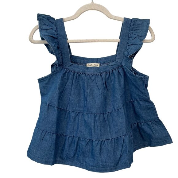 Derek Heart Chambray Ruffled Denim Top Denim Women M Tiered Flutter Tank Sleeve - Picture 1 of 8